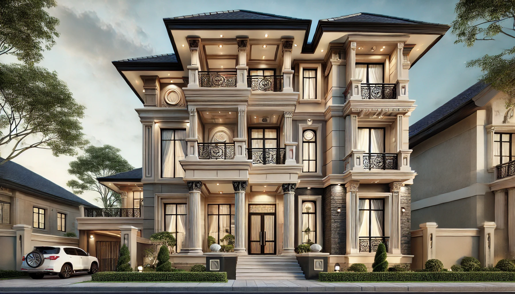 DALL·E 2024-10-23 12.15.22 – A luxury duplex house facade with a combination of modern and classic architectural elements. The house features an imposing entryway with large colum