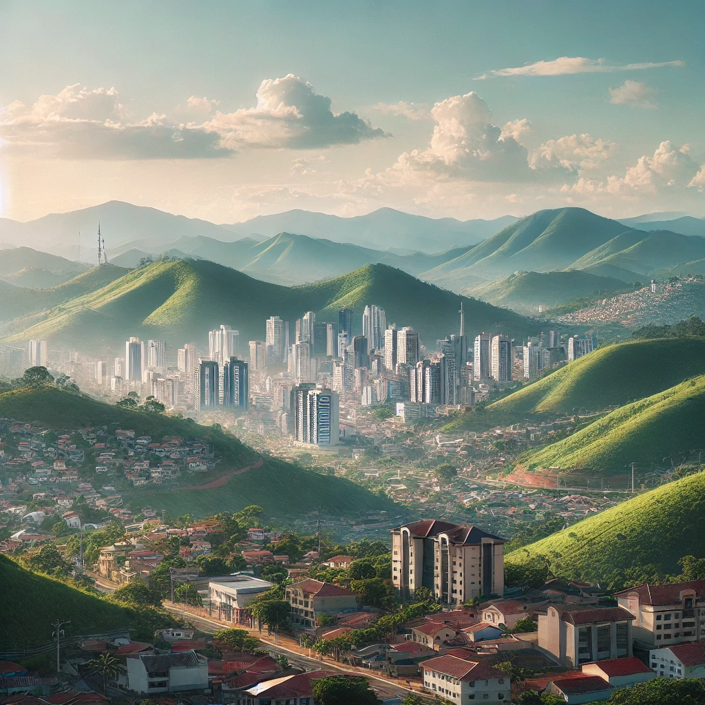 DALL·E 2024-10-25 14.40.12 – A realistic photograph of Nova Lima, Minas Gerais, Brazil, showcasing the city’s scenic mountainous landscape with a mix of modern buildings and tradi